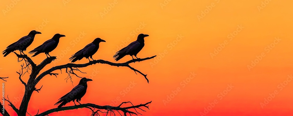 A spooky scene of crows perched on a dead tree, silhouetted against a bloodred sunset, symbolizing omens and darkness A spooky scene of crows perched on a dead tree, silhouetted against a bloodred sunset, symbolizing omens and darkness