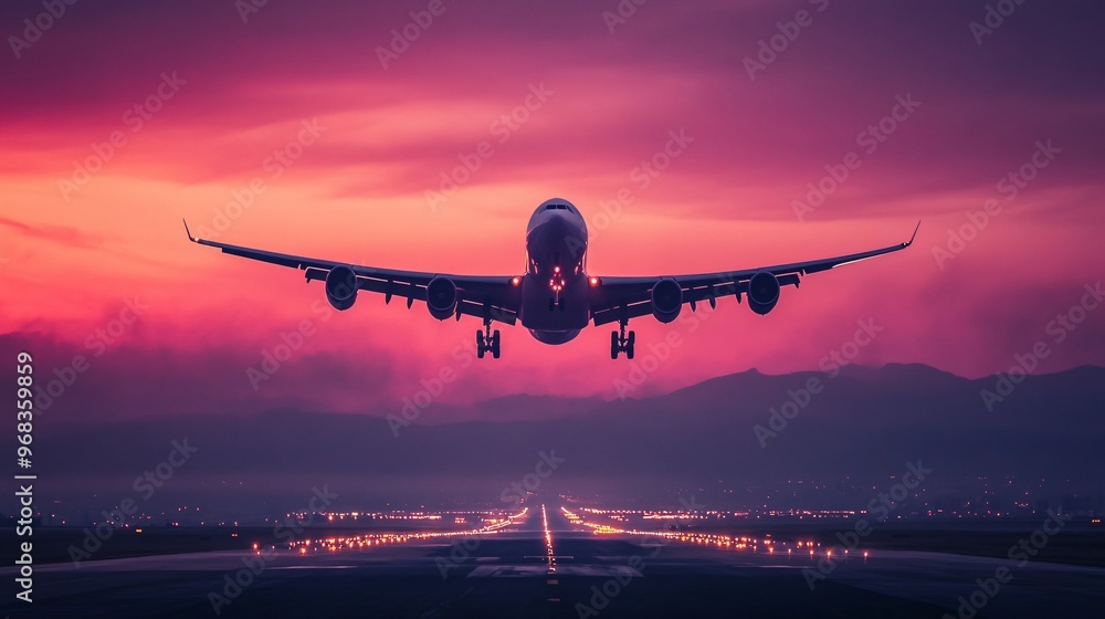 An airplane takes off into a vibrant purple and orange sunset sky. An airplane takes off into a vibrant purple and orange sunset sky.