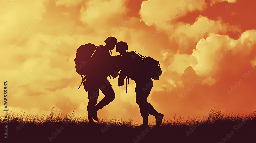 Fototapeta premium Silhouette of soldier carrying wounded comrade. High Contrast. Illustration