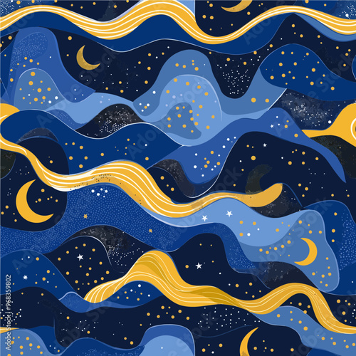 Night sky vector with seamless waves, stars, and moons, ideal for children's designs and dreamy backgrounds.