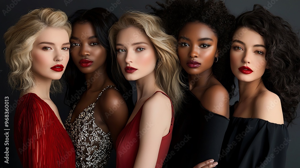 Fototapeta premium Portrait of six diverse women, elegantly posed in a refined, graceful environment.