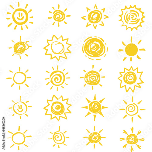 Sun Icons Vector Set With illustration style doodle and line art