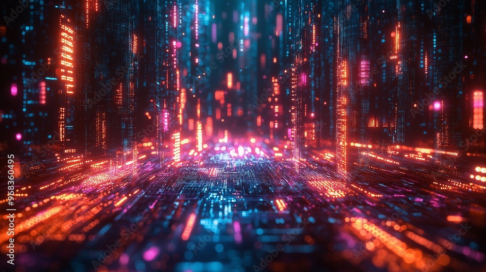 Fototapeta premium Neon Data Stream Cyber City Background