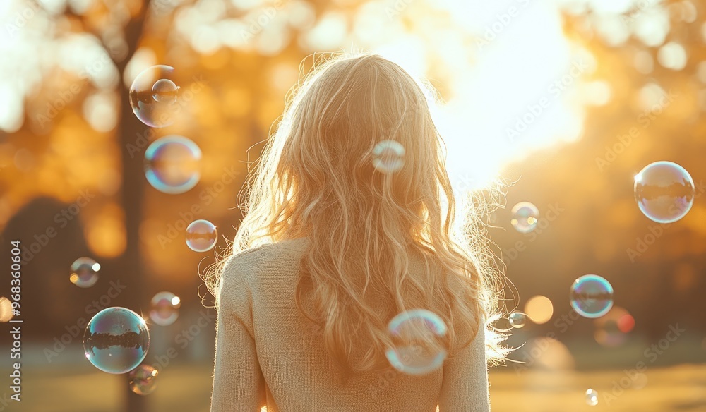 Woman with Long Blonde Hair Looking at Soap Bubbles in Golden Sunlight Woman with Long Blonde Hair Looking at Soap Bubbles in Golden Sunlight