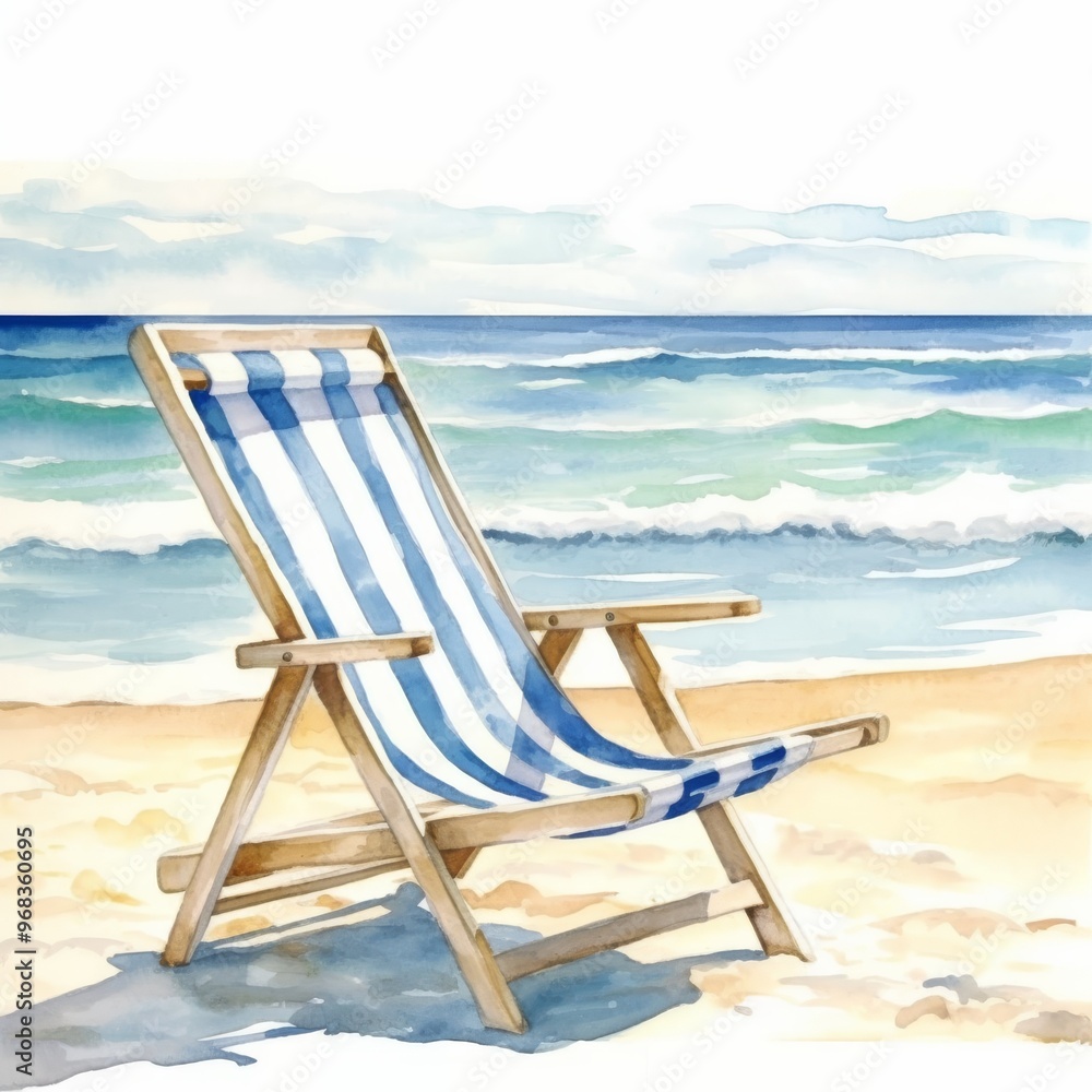 Idyllic Beach Scene with Blue and White Striped Deck Chair on Sandy Shore – Watercolor Illustration Idyllic Beach Scene with Blue and White Striped Deck Chair on Sandy Shore – Watercolor Illustration