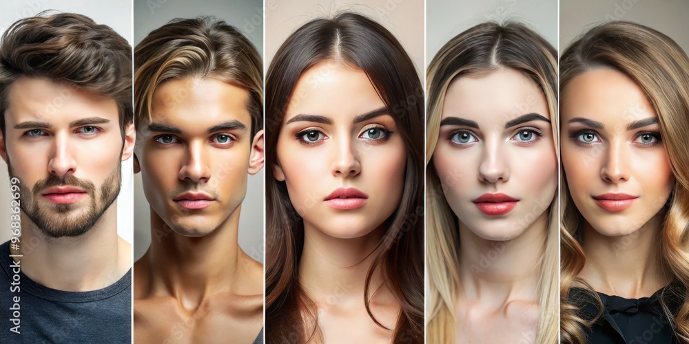 Fototapeta premium Fair-skinned individuals with light eyes and straight or wavy hair are showcased in lively poses and backgrounds,