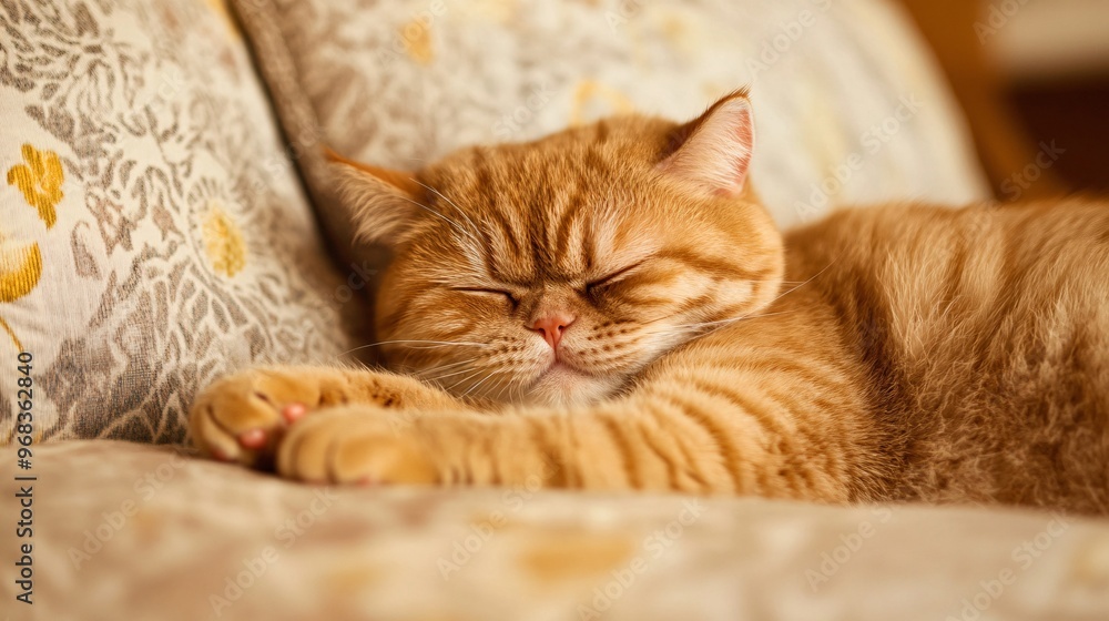 Obraz premium Sleepy orange tabby cat lounging comfortably on a patterned sofa.