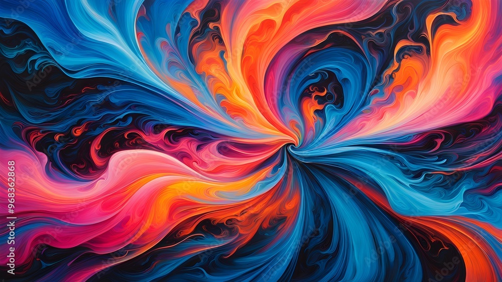 Abstract swirling pattern with vibrant blue, orange, and pink hues.