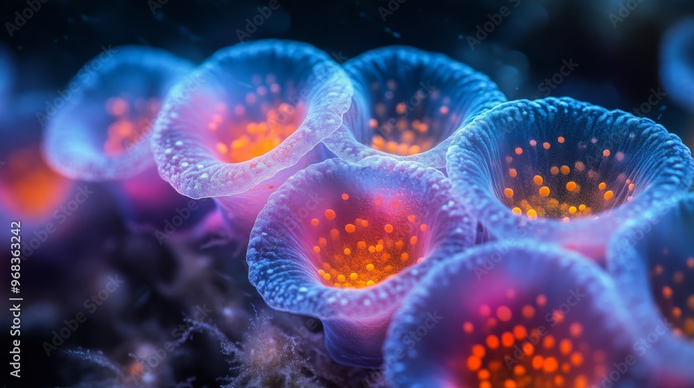 Close-up of vibrant coral polyps with glowing colors, underwater photography. Marine biology and oceanic beauty concept Close-up of vibrant coral polyps with glowing colors, underwater photography. Marine biology and oceanic beauty concept