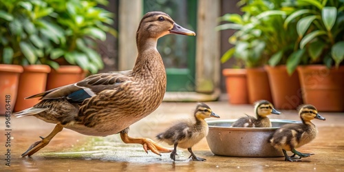 Four Indian Runner ducklings, their mother's gentle quacks guiding them, make a beeline for a bowl filled with