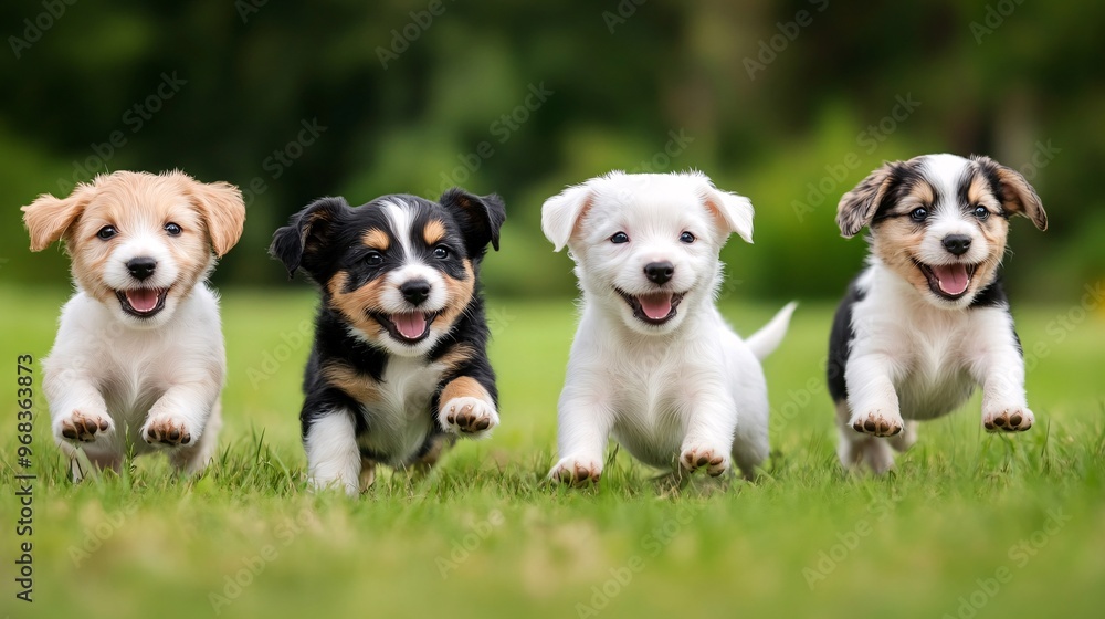 Four adorable puppies joyfully running on a grassy field, showcasing their playful nature. Four adorable puppies joyfully running on a grassy field, showcasing their playful nature.