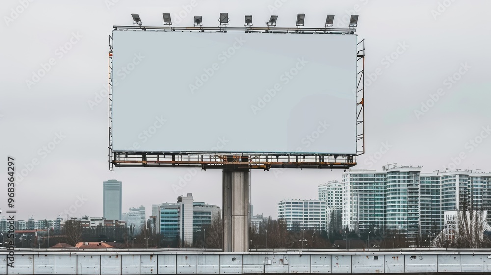 A large billboard is standing in front of a city skyline A large billboard is standing in front of a city skyline
