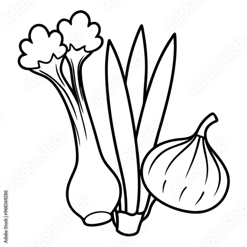 leeks shallots mushrooms vegetables outline coloring book page line art illustration digital drawing