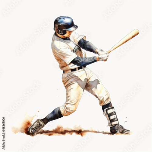 Watercolor Illustration of a Baseball Player Hitting the Ball in Action