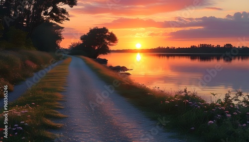 Tranquil pathway guiding to a radiant sunset over serene waters, inspiring feelings of peace and introspection photo