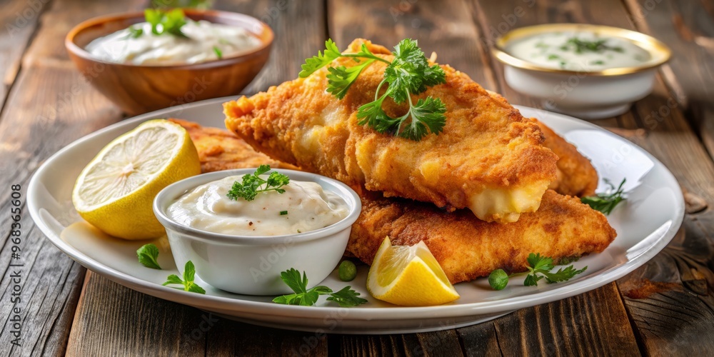 Golden-brown fried cod portions are served on a plate, garnished with tangy lemon wedges and a dollop of Golden-brown fried cod portions are served on a plate, garnished with tangy lemon wedges and a dollop of
