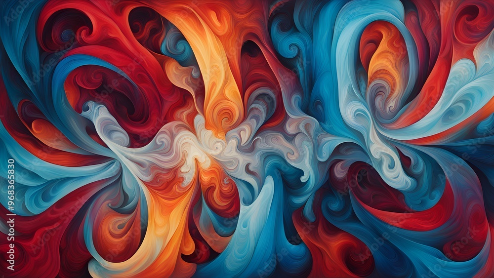 Abstract swirling digital art with contrasting red, orange, blue, and white colors.