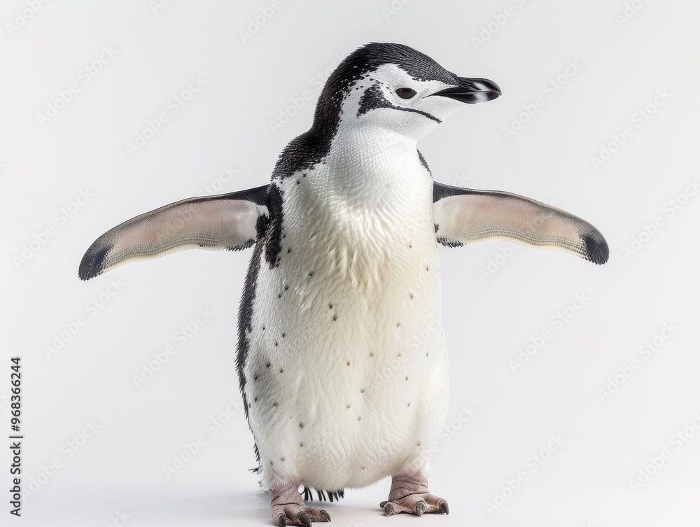Fototapeta premium A penguin stands on its hind legs and looks at the camera