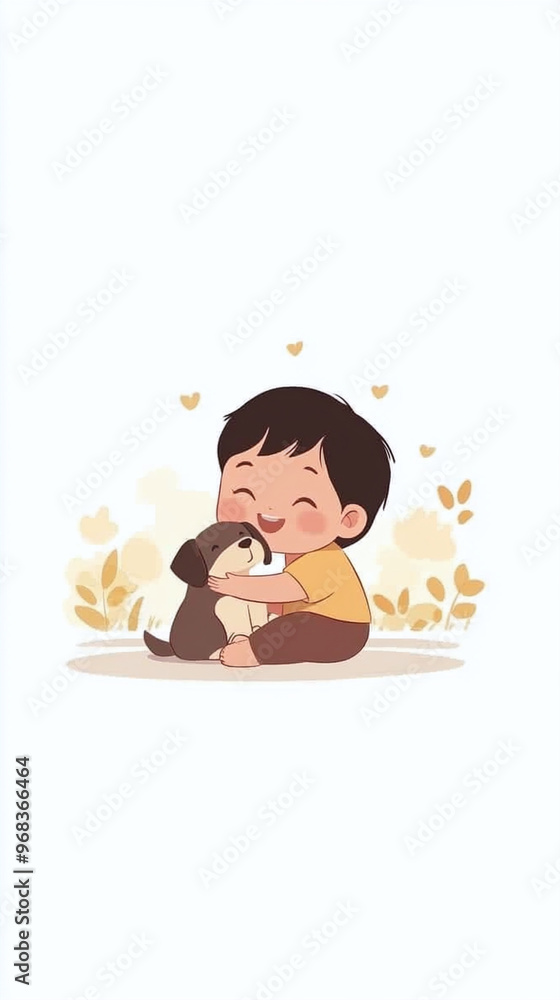 Cheerful kid cuddling puppy - Sweet animated boy and dog moment Cheerful kid cuddling puppy - Sweet animated boy and dog moment