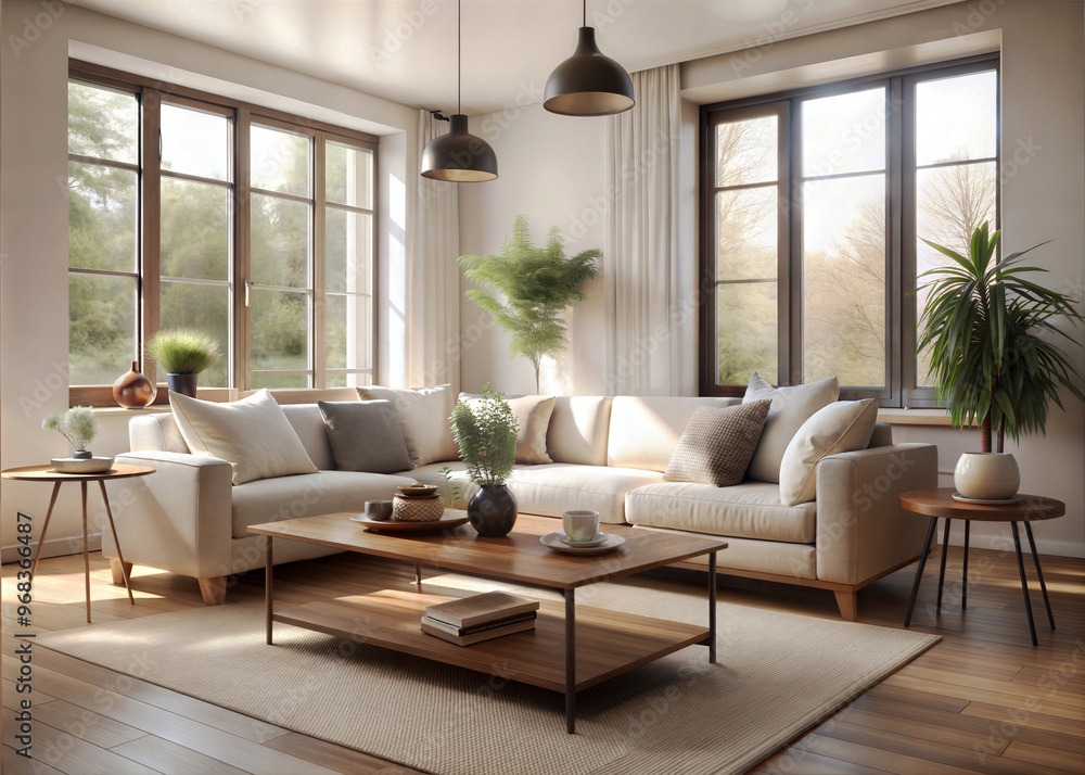 Fototapeta premium A cozy minimalist living room with a neutral color