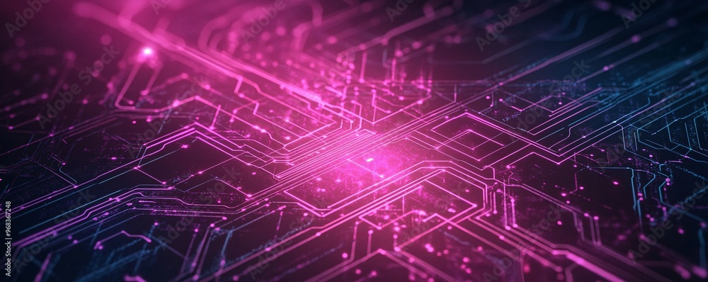 Obraz premium Close-up of vibrant pink and blue digital circuit board patterns with light effects.