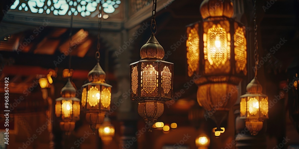 Moorish lanterns suspended from a wooden ceiling Moorish lanterns suspended from a wooden ceiling