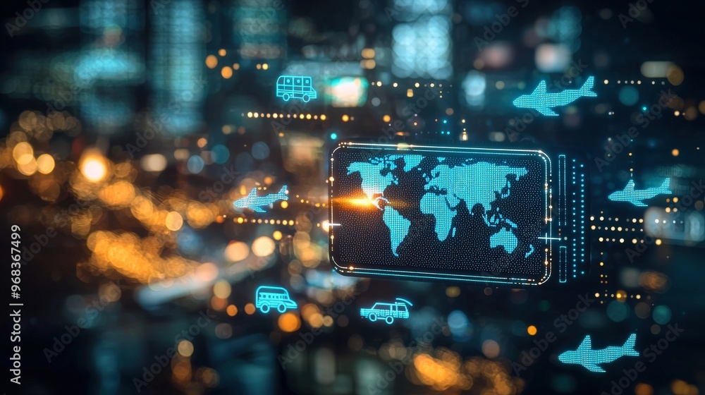 A digital wallet with travel-related icons, showcasing its use in international transactions, Wallet travel icons, Global travel finance A digital wallet with travel-related icons, showcasing its use in international transactions, Wallet travel icons, Global travel finance