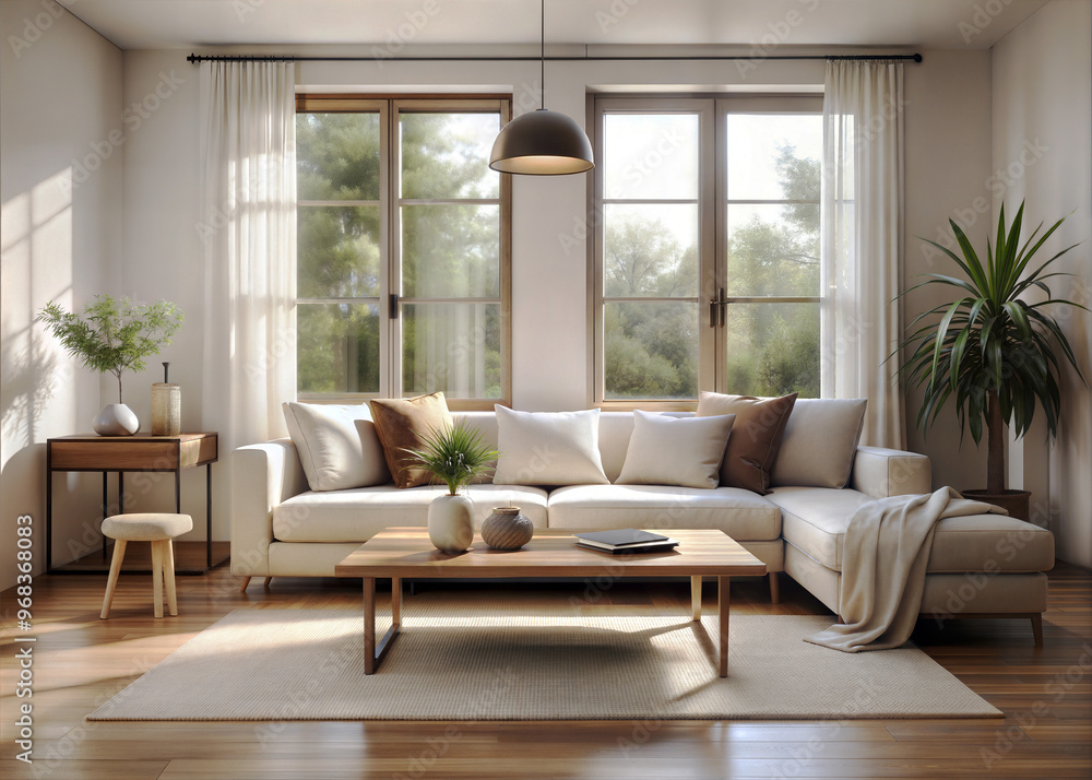 Fototapeta premium A cozy minimalist living room with a neutral color