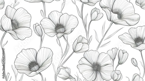  Linear flower pattern, seamless vector illustration.