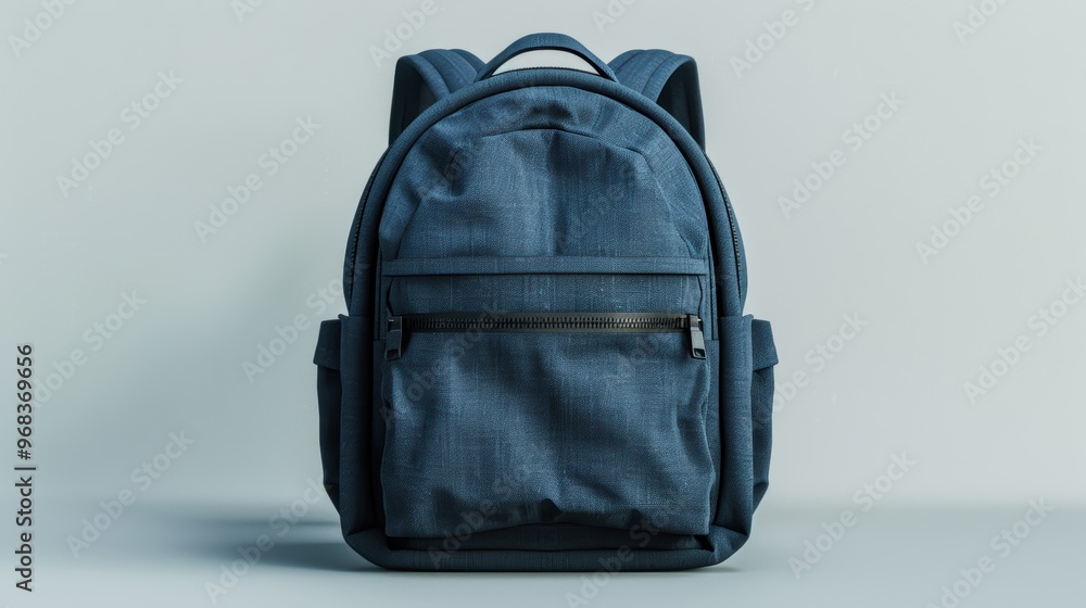 Fototapeta premium A blue backpack with a zipper pocket sits on a white background