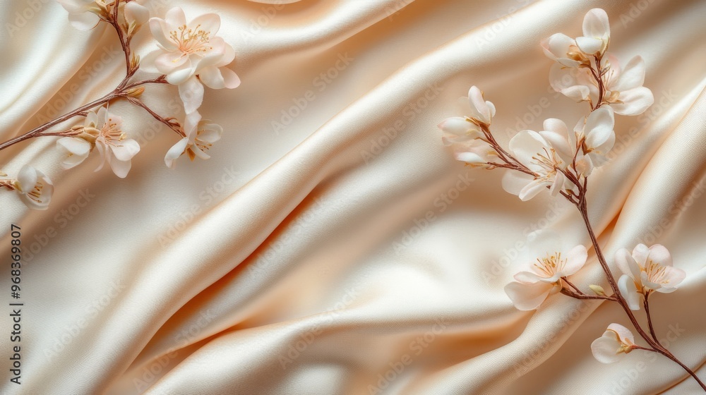 Naklejka premium Delicate White Blossoms on a Draped Beige Satin Fabric