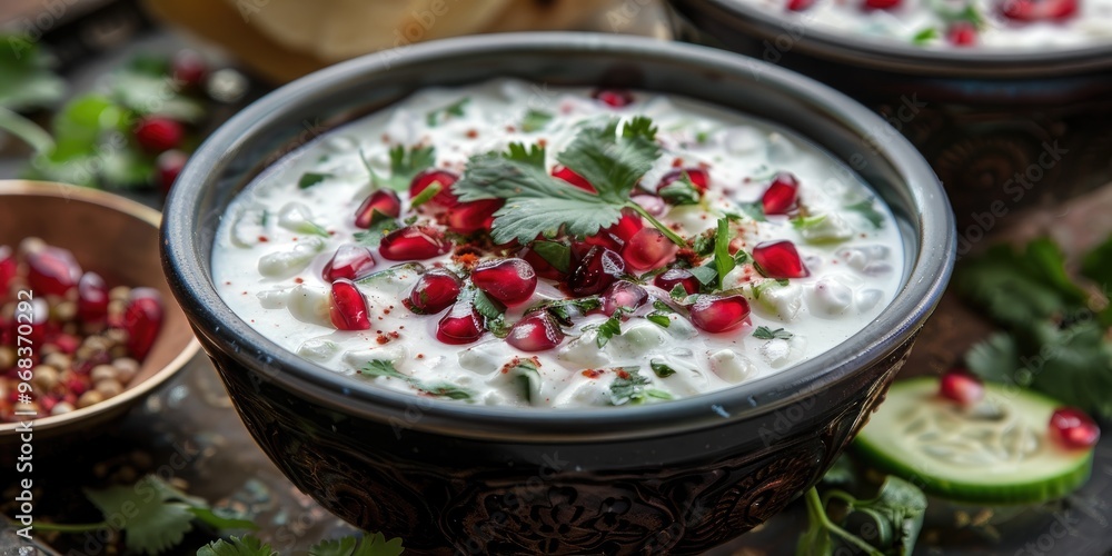 Indian Fresh Sauce Raita with Pomegranate Cucumber and Spices Garnished with Coriander Indian Fresh Sauce Raita with Pomegranate Cucumber and Spices Garnished with Coriander