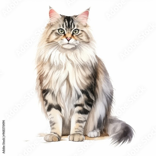 Watercolor Illustration of a Fluffy Maine Coon Cat Portrait, Perfect for Pet Lovers and Animal-Themed Art Decor