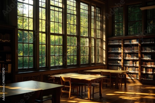 Quiet library with morning sunlight through windows, Monday morning, peaceful and studious photo