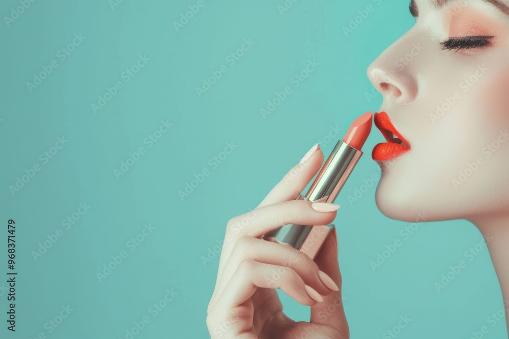 Fototapeta premium Close-up of a womanâ€™s hand with lipstick, focusing on the elegance and feminine charm of the gesture, set against a solid color backdrop, with a cropped view