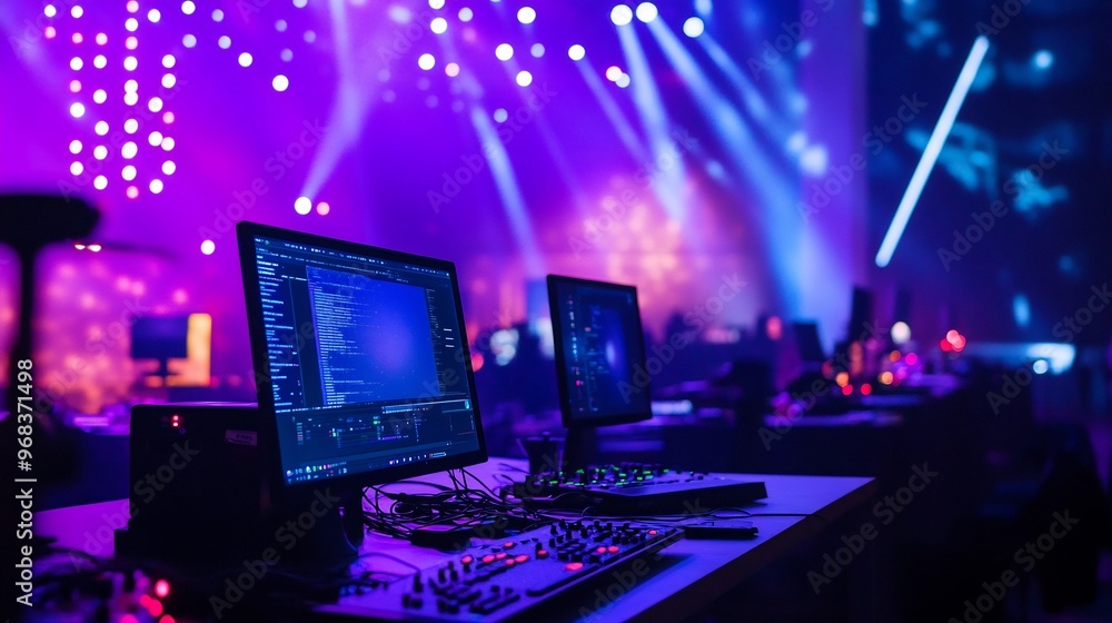 A computer monitor and mixer sit on a white table with purple and blue lighting in the background. A computer monitor and mixer sit on a white table with purple and blue lighting in the background.
