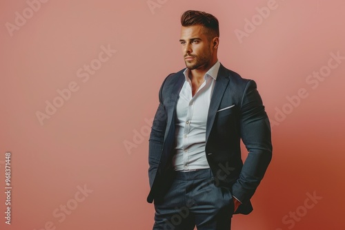 Muscular man in a sharp outfit, confidently standing against a solid color backdrop, showcasing his fit body and smart, professional demeanor