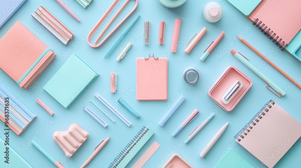 A flat-lay of pastel-colored stationery and office supplies arranged neatly on a desk. A flat-lay of pastel-colored stationery and office supplies arranged neatly on a desk.