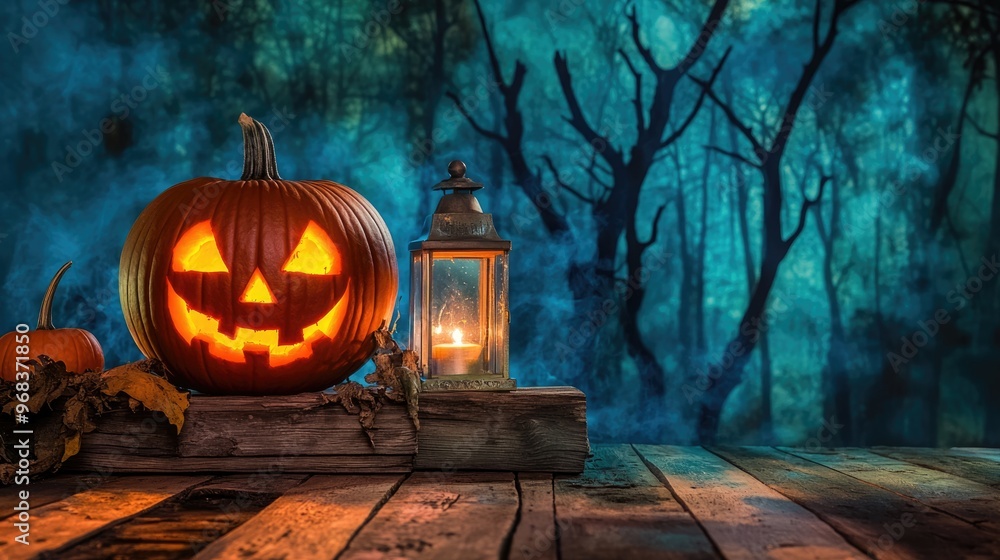 Obraz premium Haunting Halloween scene with a carved pumpkin on wooden planks, illuminated by a lantern and candle, with the eerie silhouette of dead trees in the background