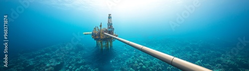 Underwater view of a long metal pipe extending into the distance. photo