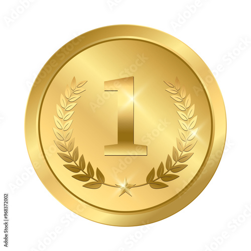 Gold medal Realistic shiny with Number 1 and laurel wreath. Champion golden trophy award, glossy gold coin Prize in sport for winning first place in competition vector illustration.