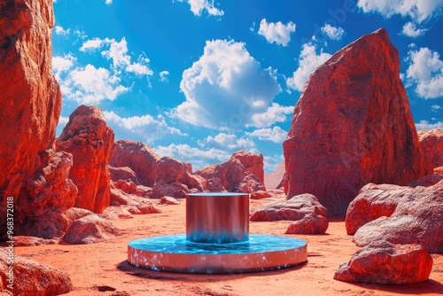 An isolated podium in a Martian environment, surrounded by red rocks and a vibrant blue sky, perfect for sci-fi themed product showcases