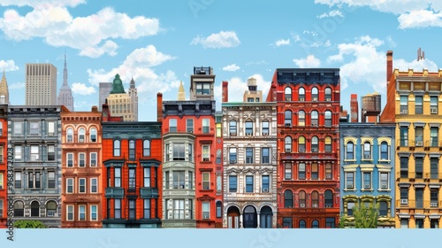 A row of buildings with a blue sky in the background
