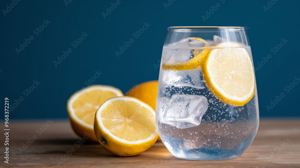 A cold glass of sparkling water with lemon and ice cubes, realistic A cold glass of sparkling water with lemon and ice cubes, realistic