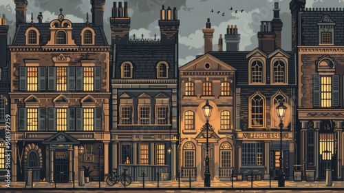 A city street with old buildings and a lamp post