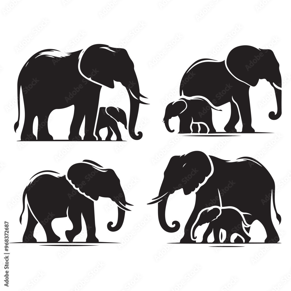 Fototapeta premium Set of elephant silhouettes isolated on a white background, Vector illustration.
