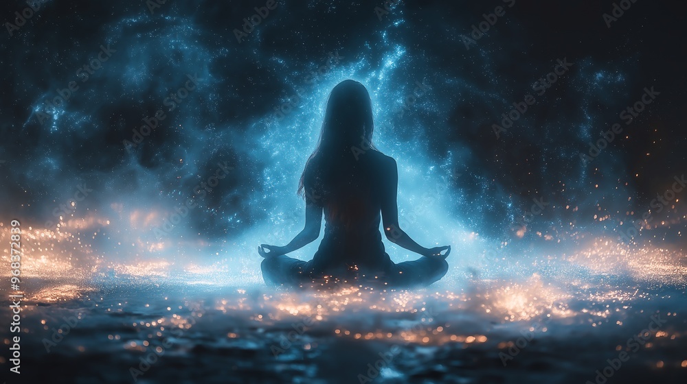 Woman Meditating with Cosmic Energy Woman Meditating with Cosmic Energy
