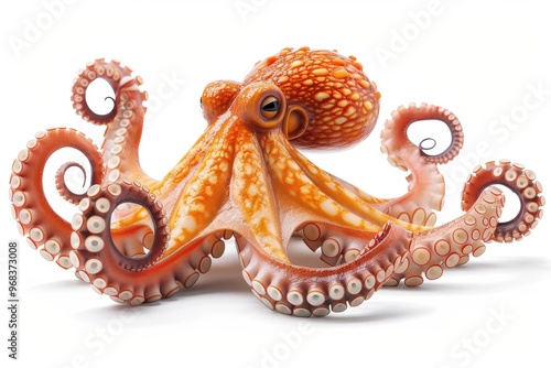 A large orange octopus with white spots on its head and body
