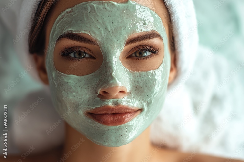 High-resolution brightly lit photorealistic candid photograph of a beautiful presenter woman in a spa, her face glowing as she enjoys a nourishing facial mask in a serene environment. The photograph High-resolution brightly lit photorealistic candid photograph of a beautiful presenter woman in a spa, her face glowing as she enjoys a nourishing facial mask in a serene environment. The photograph