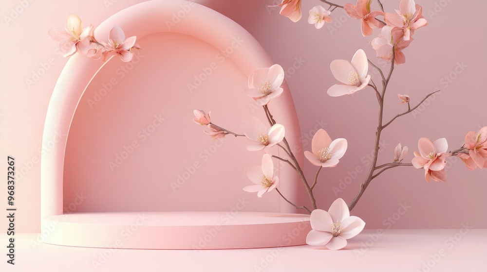 Pink Floral Display with Round Platform & Curved Arch Background Pink Floral Display with Round Platform & Curved Arch Background